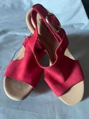 Clarks Red Leather Women's Slingback Sandals with Gold Buckle